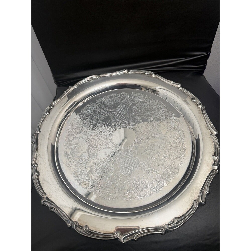 Large Vintage Silverplate Tray 15” – Ornate Engraved Center Rope Rim